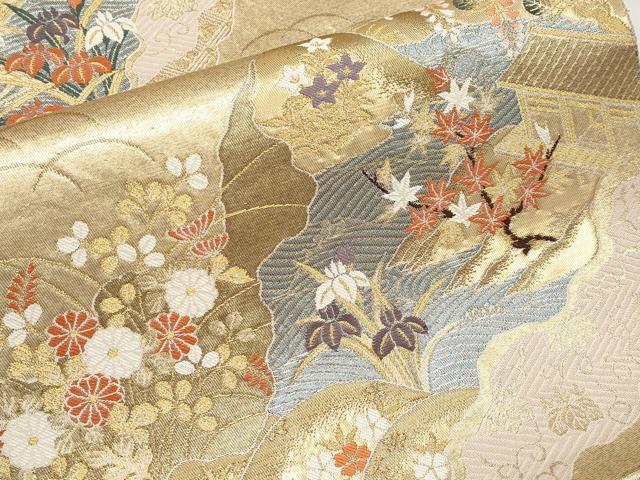 平和屋本店▼六通柄袋帯　唐織　絵巻道長文　純金二重箔　正絹　逸品　CABL7609tx
