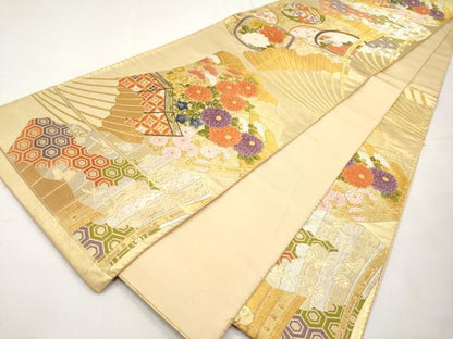 平和屋本店▼六通柄袋帯　唐織　扇面枝花文　本金箔　正絹　逸品　CABL7616tx