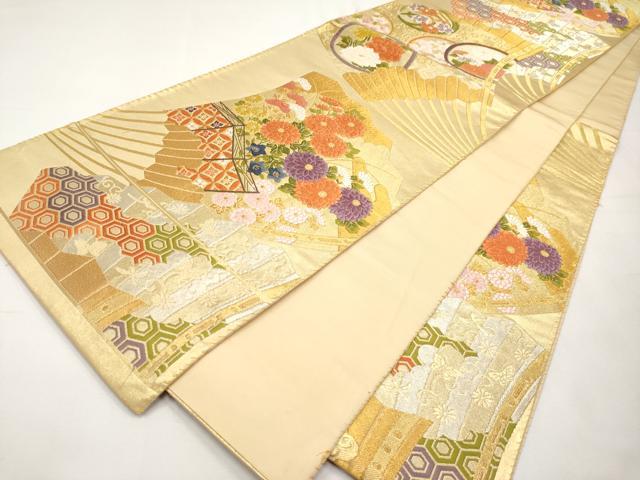 平和屋本店▼六通柄袋帯　唐織　扇面枝花文　本金箔　正絹　逸品　CABL7616tx