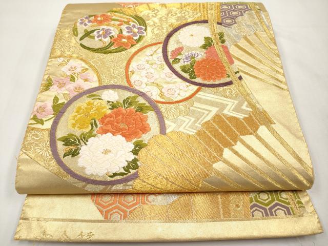 平和屋本店▼六通柄袋帯　唐織　扇面枝花文　本金箔　正絹　逸品　CABL7616tx