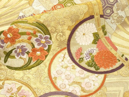平和屋本店▼六通柄袋帯　唐織　扇面枝花文　本金箔　正絹　逸品　CABL7616tx