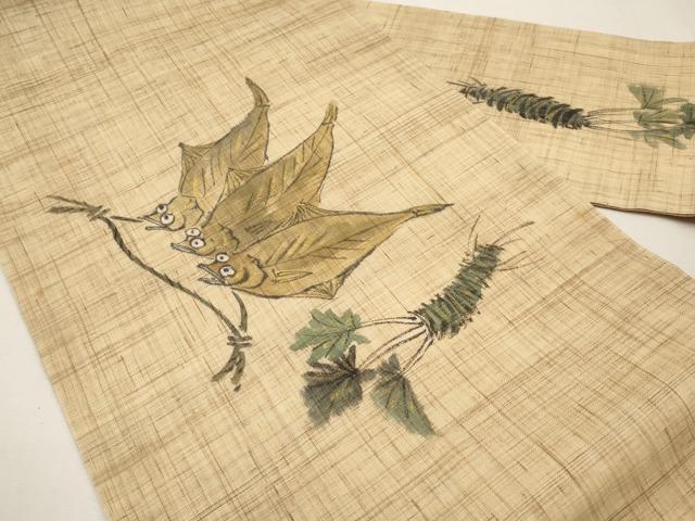 平和屋着物＊夏物　九寸名古屋帯　手描き　魚・成り物　金彩　麻　逸品　CABL7685tx