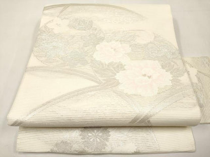 平和屋着物＊夏物　九寸名古屋帯　花丸文　銀糸　正絹　逸品　CABL7686tx