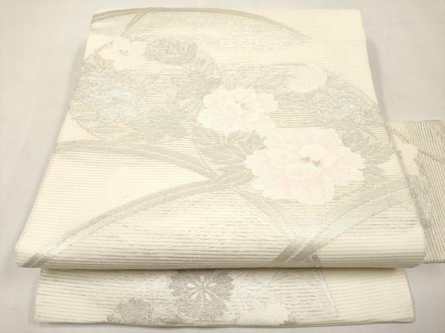 平和屋着物＊夏物　九寸名古屋帯　花丸文　銀糸　正絹　逸品　CABL7686tx