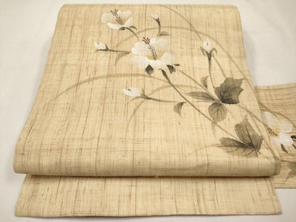 平和屋着物＊夏物　九寸名古屋帯　手描き　草花文　麻　逸品　CABL7689tx