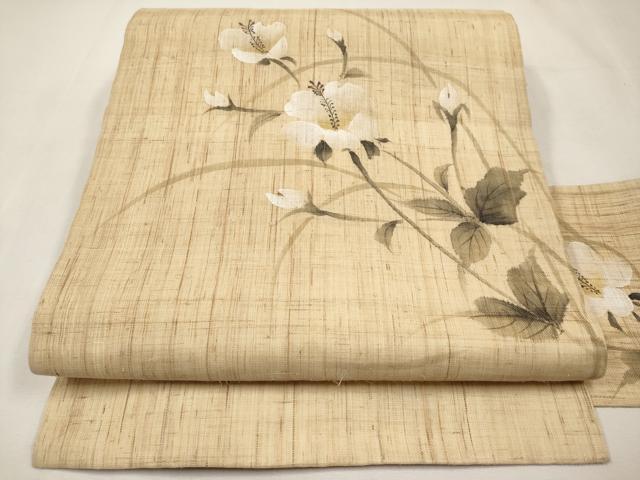 平和屋着物＊夏物　九寸名古屋帯　手描き　草花文　麻　逸品　CABL7689tx