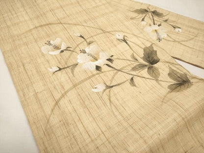 平和屋着物＊夏物　九寸名古屋帯　手描き　草花文　麻　逸品　CABL7689tx