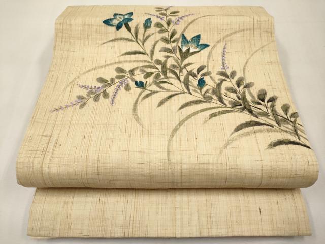 平和屋着物＊夏物　九寸名古屋帯　作家物　手描き　草花文　金彩　麻　逸品　CABL7690tx