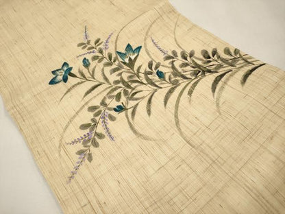 平和屋着物＊夏物　九寸名古屋帯　作家物　手描き　草花文　金彩　麻　逸品　CABL7690tx