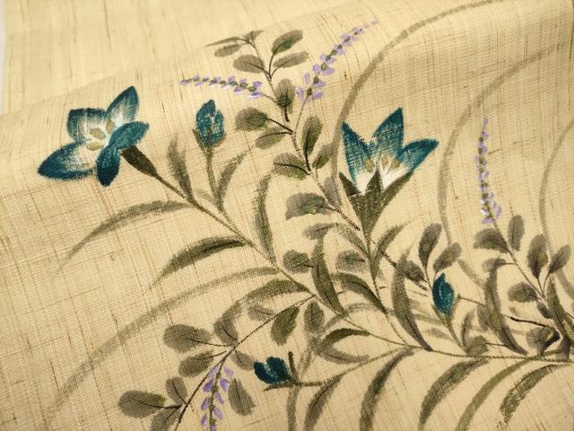 平和屋着物＊夏物　九寸名古屋帯　作家物　手描き　草花文　金彩　麻　逸品　CABL7690tx