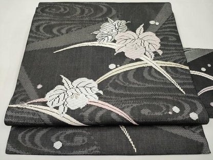 平和屋着物＊夏物　九寸名古屋帯　唐織　舞花文　黒地　銀糸　正絹　逸品　CABL7691tx