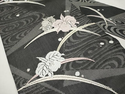 平和屋着物＊夏物　九寸名古屋帯　唐織　舞花文　黒地　銀糸　正絹　逸品　CABL7691tx