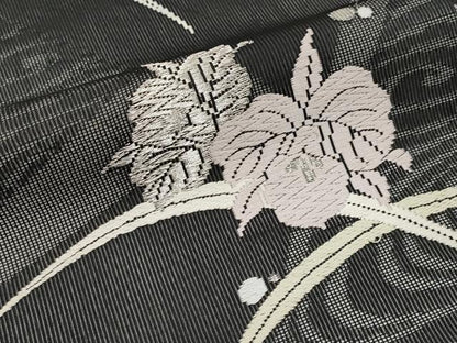平和屋着物＊夏物　九寸名古屋帯　唐織　舞花文　黒地　銀糸　正絹　逸品　CABL7691tx