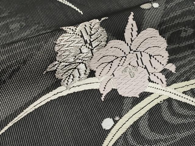 平和屋着物＊夏物　九寸名古屋帯　唐織　舞花文　黒地　銀糸　正絹　逸品　CABL7691tx