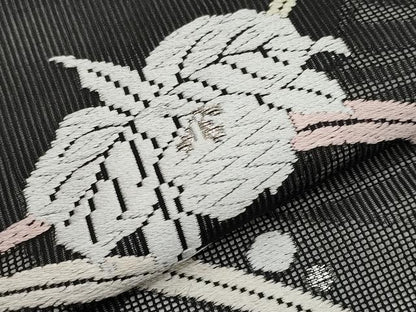 平和屋着物＊夏物　九寸名古屋帯　唐織　舞花文　黒地　銀糸　正絹　逸品　CABL7691tx