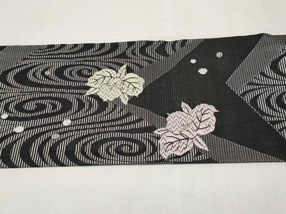 平和屋着物＊夏物　九寸名古屋帯　唐織　舞花文　黒地　銀糸　正絹　逸品　CABL7691tx