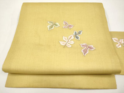 平和屋着物＊夏物　九寸名古屋帯　総刺繍　舞葉文　玉蜀黍色　金糸　正絹　逸品　CABL7745tx