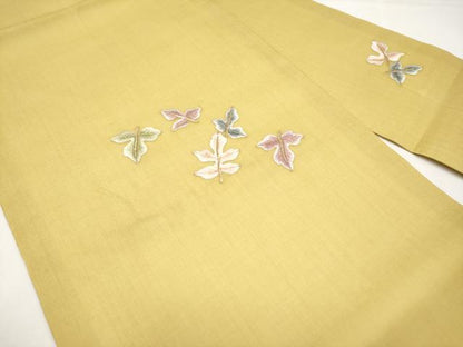 平和屋着物＊夏物　九寸名古屋帯　総刺繍　舞葉文　玉蜀黍色　金糸　正絹　逸品　CABL7745tx