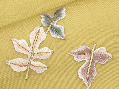 平和屋着物＊夏物　九寸名古屋帯　総刺繍　舞葉文　玉蜀黍色　金糸　正絹　逸品　CABL7745tx