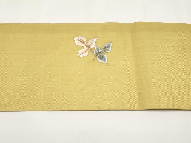平和屋着物＊夏物　九寸名古屋帯　総刺繍　舞葉文　玉蜀黍色　金糸　正絹　逸品　CABL7745tx