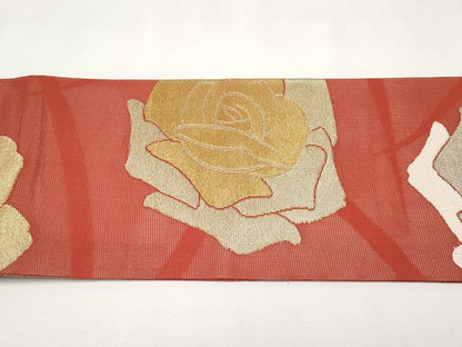 平和屋着物＊夏物　九寸名古屋帯　薔薇　金銀糸　正絹　逸品　CABL7768tx