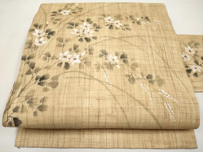 平和屋着物＊夏物　九寸名古屋帯　手描き　枝花文　麻　逸品　CABL7787tx