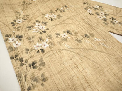 平和屋着物＊夏物　九寸名古屋帯　手描き　枝花文　麻　逸品　CABL7787tx