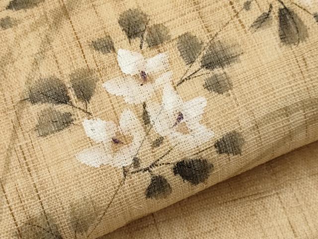 平和屋着物＊夏物　九寸名古屋帯　手描き　枝花文　麻　逸品　CABL7787tx