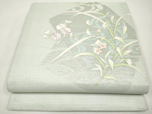 平和屋着物＊夏物　九寸開き名古屋帯　総刺繍　色紙重ね草花文　銀糸　正絹　逸品　CABL7794tx