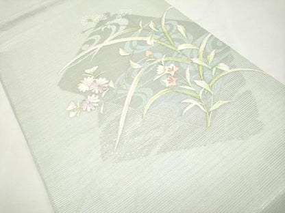 平和屋着物＊夏物　九寸開き名古屋帯　総刺繍　色紙重ね草花文　銀糸　正絹　逸品　CABL7794tx