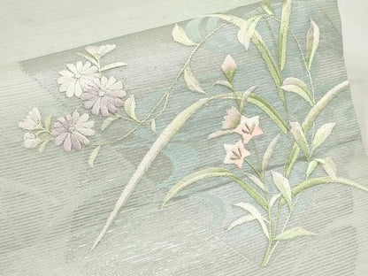 平和屋着物＊夏物　九寸開き名古屋帯　総刺繍　色紙重ね草花文　銀糸　正絹　逸品　CABL7794tx