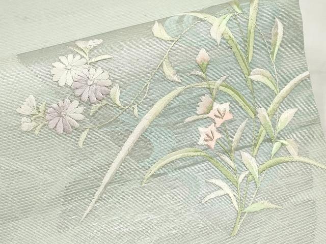 平和屋着物＊夏物　九寸開き名古屋帯　総刺繍　色紙重ね草花文　銀糸　正絹　逸品　CABL7794tx