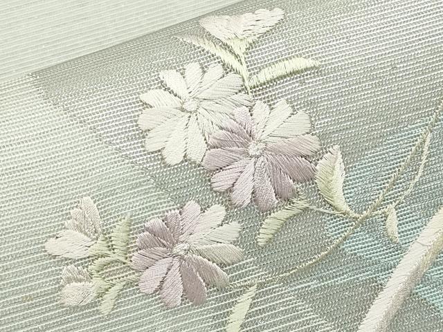平和屋着物＊夏物　九寸開き名古屋帯　総刺繍　色紙重ね草花文　銀糸　正絹　逸品　CABL7794tx