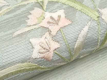 平和屋着物＊夏物　九寸開き名古屋帯　総刺繍　色紙重ね草花文　銀糸　正絹　逸品　CABL7794tx