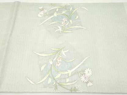 平和屋着物＊夏物　九寸開き名古屋帯　総刺繍　色紙重ね草花文　銀糸　正絹　逸品　CABL7794tx