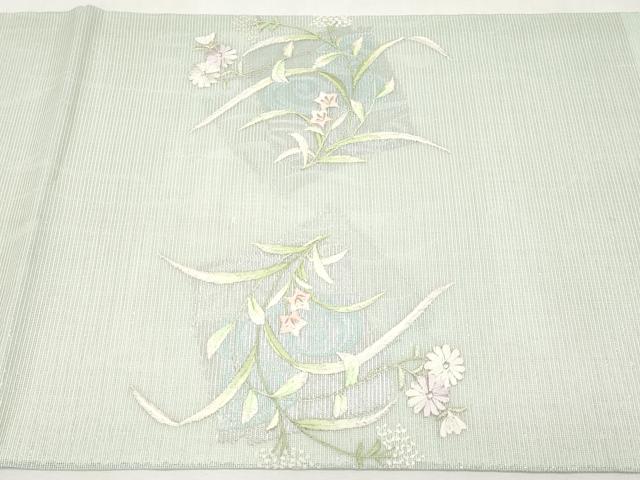 平和屋着物＊夏物　九寸開き名古屋帯　総刺繍　色紙重ね草花文　銀糸　正絹　逸品　CABL7794tx
