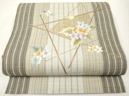 平和屋着物＊夏物　八寸名古屋帯　総刺繍　草花文　金糸　正絹　逸品　未使用　CABL7812tx