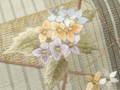 平和屋着物＊夏物　八寸名古屋帯　総刺繍　草花文　金糸　正絹　逸品　未使用　CABL7812tx