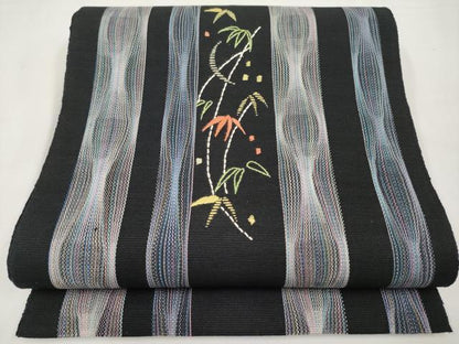 平和屋着物＊夏物　八寸名古屋帯　刺繍　笹竹文　黒地　正絹　逸品　CABL7816tx