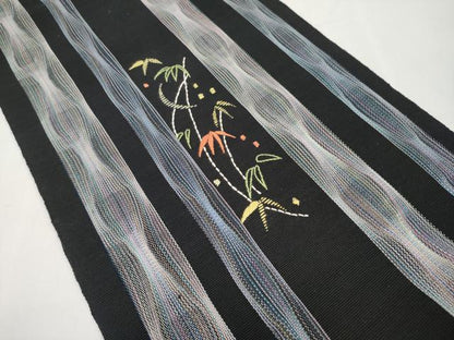 平和屋着物＊夏物　八寸名古屋帯　刺繍　笹竹文　黒地　正絹　逸品　CABL7816tx