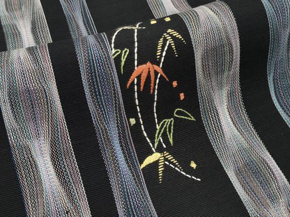 平和屋着物＊夏物　八寸名古屋帯　刺繍　笹竹文　黒地　正絹　逸品　CABL7816tx