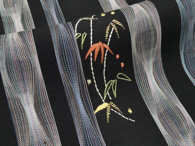 平和屋着物＊夏物　八寸名古屋帯　刺繍　笹竹文　黒地　正絹　逸品　CABL7816tx