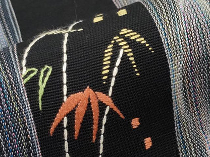 平和屋着物＊夏物　八寸名古屋帯　刺繍　笹竹文　黒地　正絹　逸品　CABL7816tx