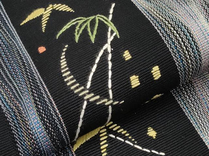 平和屋着物＊夏物　八寸名古屋帯　刺繍　笹竹文　黒地　正絹　逸品　CABL7816tx