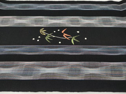 平和屋着物＊夏物　八寸名古屋帯　刺繍　笹竹文　黒地　正絹　逸品　CABL7816tx