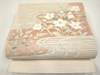 平和屋着物＊夏物　八寸名古屋帯　絽綴れ　流水草花文　金銀糸　正絹　逸品　CABL7832tx