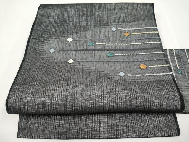 平和屋着物＊夏物　九寸名古屋帯　横段文　黒地　正絹　逸品　CABL7850tx