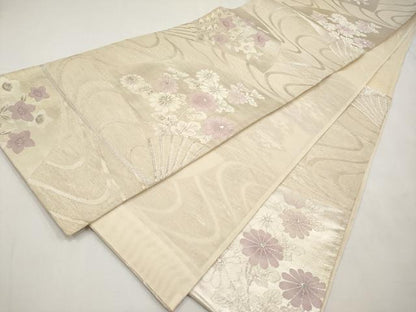 平和屋着物＊夏物　六通柄袋帯　流水扇面花文　銀糸　正絹　逸品　CABL7971tx