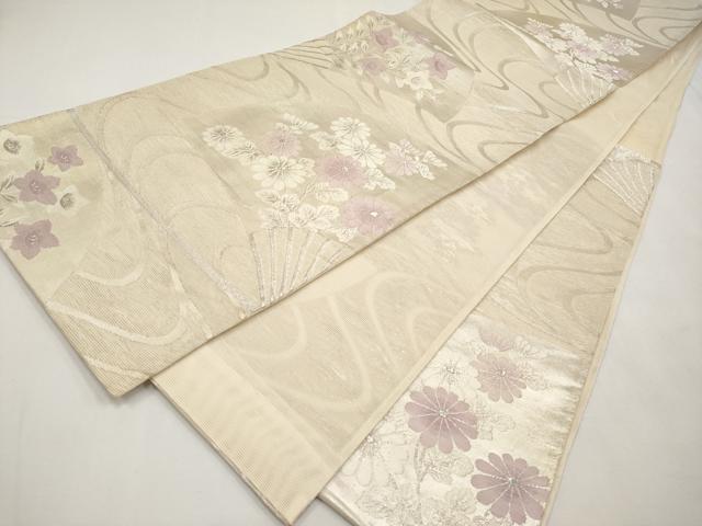 平和屋着物＊夏物　六通柄袋帯　流水扇面花文　銀糸　正絹　逸品　CABL7971tx