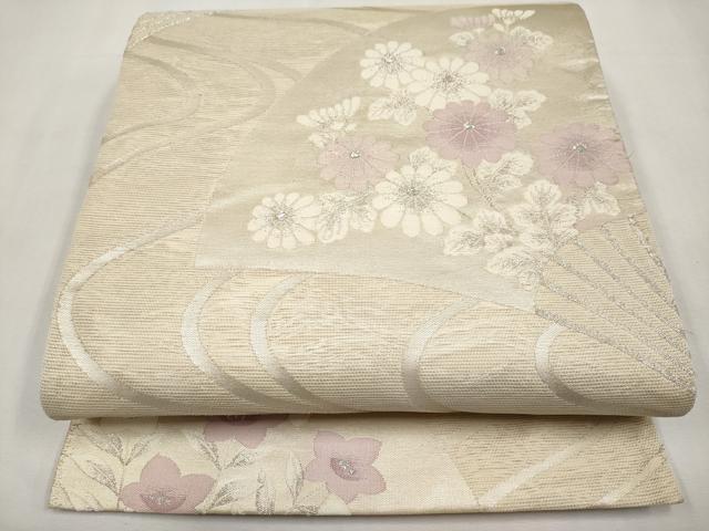 平和屋着物＊夏物　六通柄袋帯　流水扇面花文　銀糸　正絹　逸品　CABL7971tx